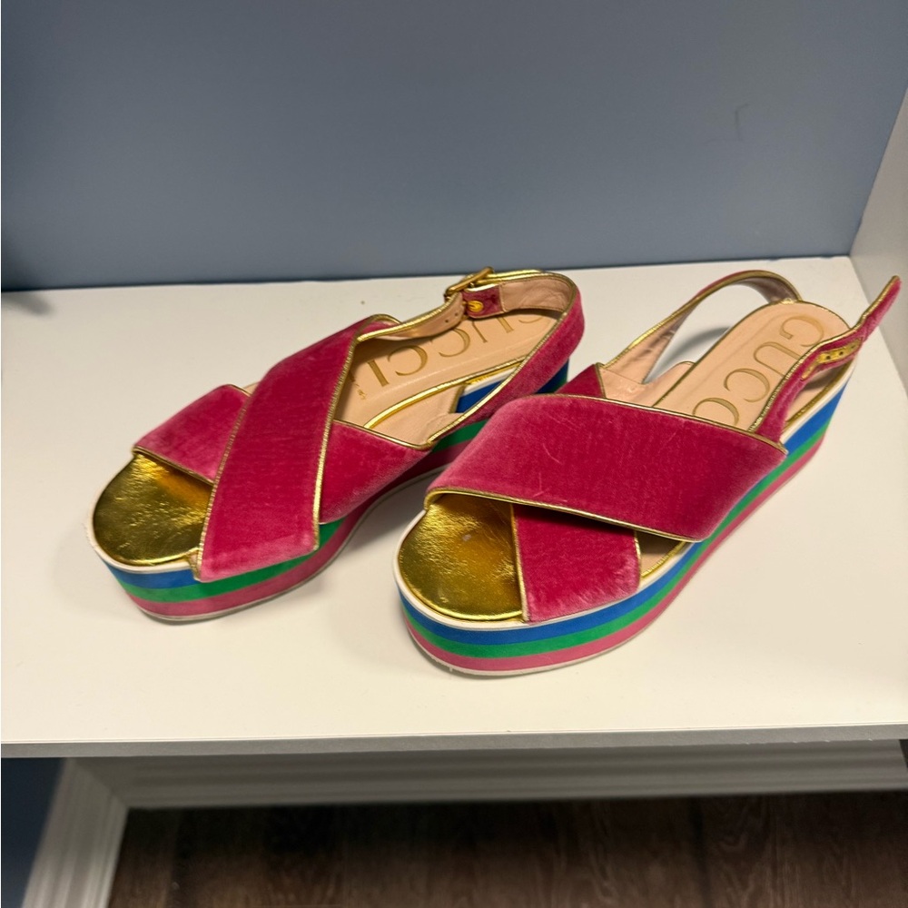 Gucci Pink and Gold Platform Sandals